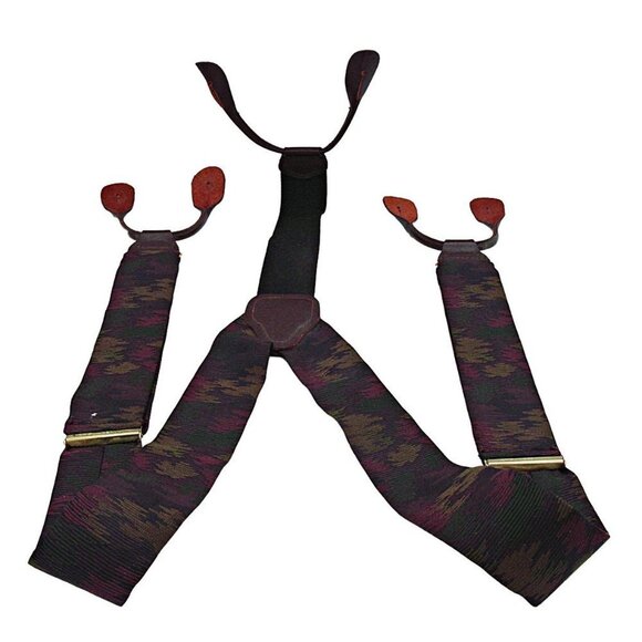 CAS Adjustable Button On Suspenders Maroon Burgundy Green Gold Camo Like Design - Picture 1 of 10
